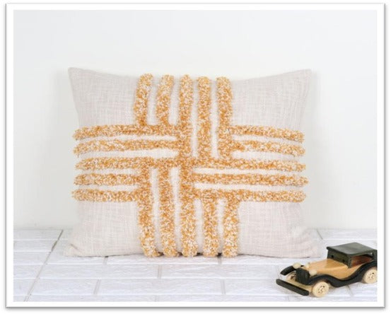 Textured Cotton Geometric Cushion Cover in shades of Off white and Mustard