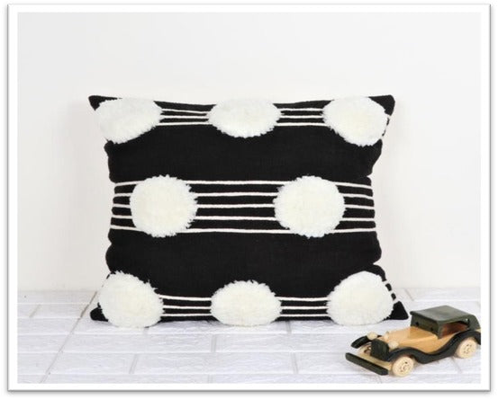 Black and White Pom Pom Hand Woven Cotton Cushion Cover