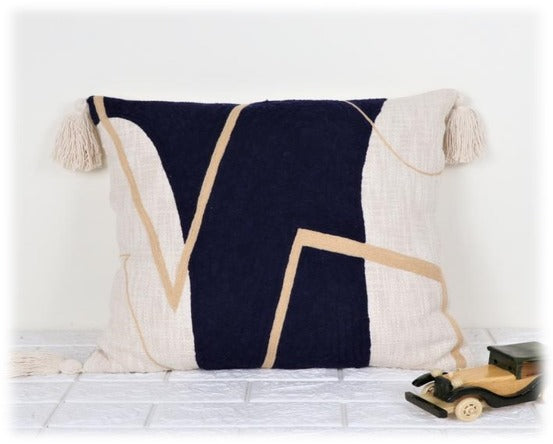 Navy and Beige Handwoven Cotton Cushion Cover