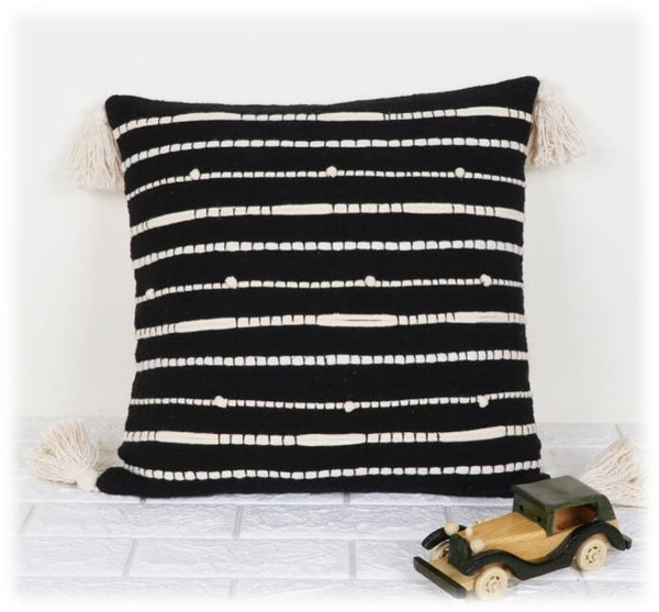 Black and Earthy White Embroidered Elegance Handwoven Cotton Cushion Cover