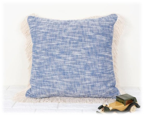 Fringed Blue Square Handwoven Cotton Cushion Cover