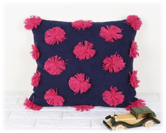 Vibrant Pink Pom-Pom Pop Handwoven Cotton Cushion Cover