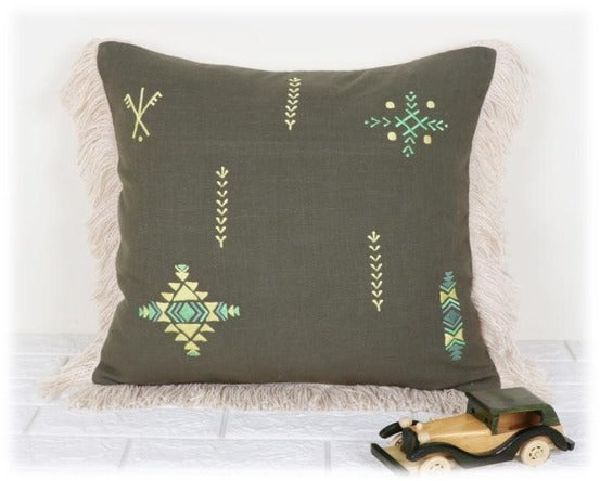 Olive Green Embroidered Handwoven Cotton Cushion Cover