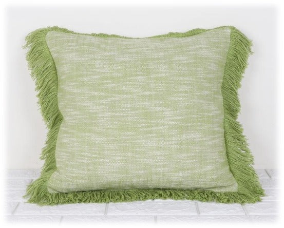 Bohemian Beauty - Green Textured Handwoven Cotton Cushion Cover with Fringes