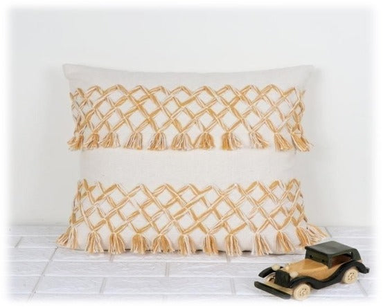 Fringed Cushion Cover with Geometric Design in Handwoven Cotton