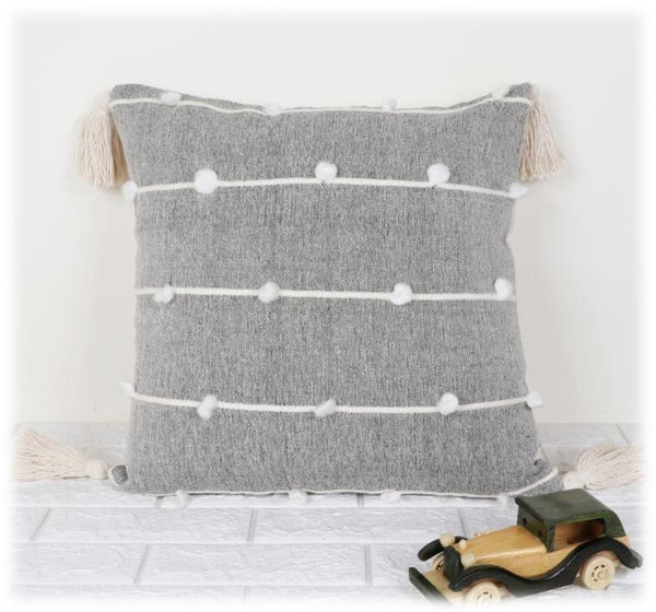 Textured Tapestry Cushion Cover with Tiny Pom Poms in Handwoven Cotton