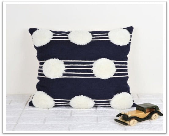 Navy Blue Handwoven Cotton Cushion Cover with White Pom-Poms and Stripes