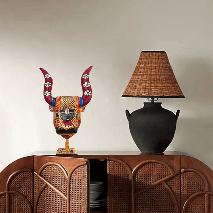 Wooden Cow in Sunlit Yellow and Brick Red