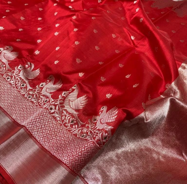 Regal Red Chanderi Silk Saree with Peacock Motifs