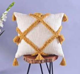 Ivory and Mustard Tassel Handwoven Cotton Cushion Cover