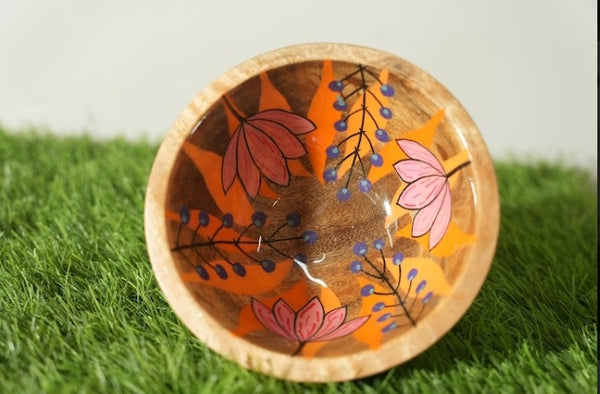 Handpainted Mango Wood Bowl with Lotus Motifs