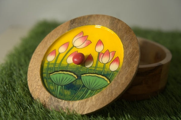 Handpainted Mango Wood Roti Bread Box with Lotus Motifs