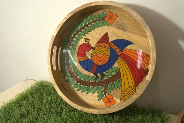 Round Peacock Mango wood Handmade Tray