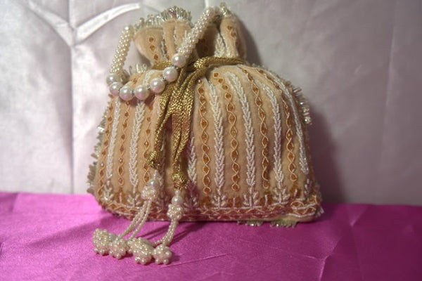 Creme Velvet Handmade Beaded Embroidery Handbag Flat Bottom