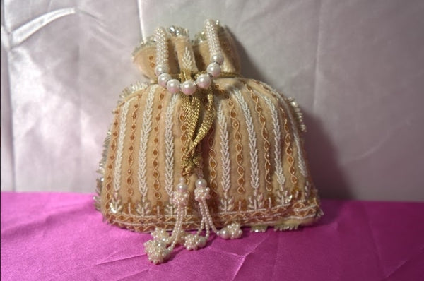 Golden and Pearl Handle Beaded Handmade Embroidery Handbag Potli