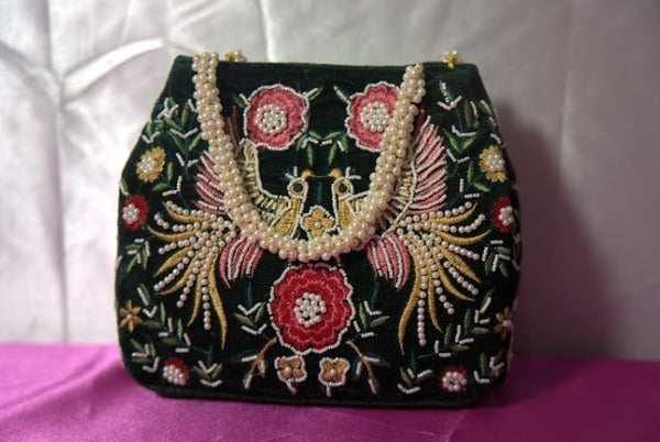 Green Bird Velvet Beaded Handmade Embroidery Handbag Potly