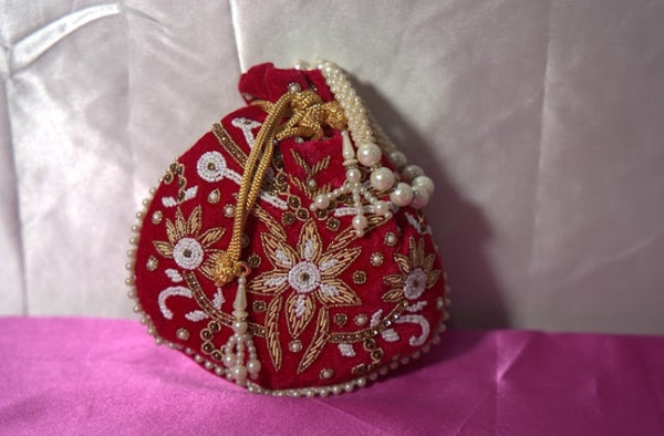 Red Beaded Handmade Embroidery Round Bag