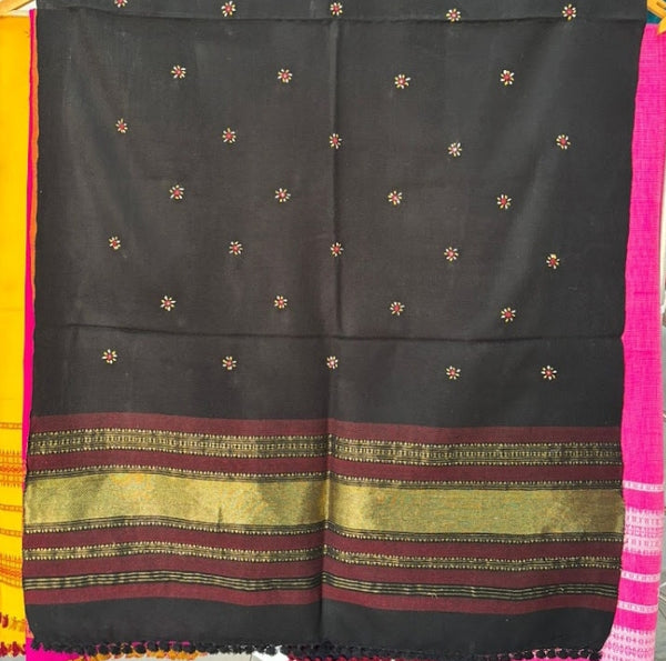 Hand Woven Black Acrylic Wool Shawl With Mirror Work