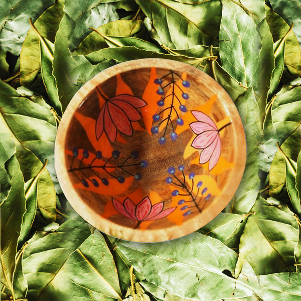 Handpainted Mango Wood Bowl with Lotus Motifs