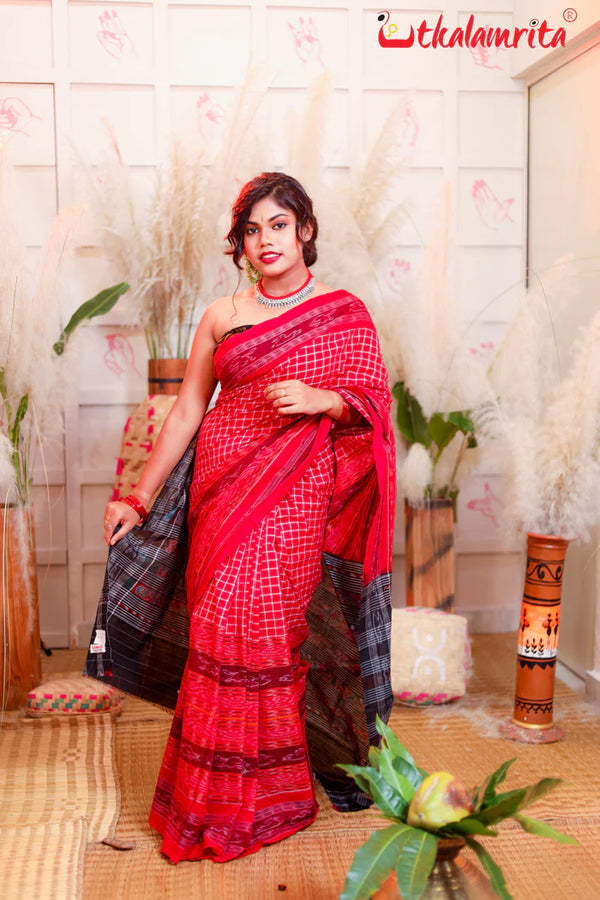 Red Checks Single Side Sachipar Cotton Saree