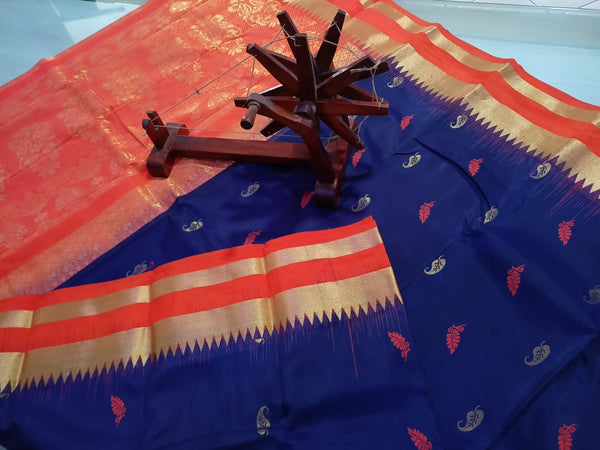 Rich Blue Silk Saree with Orange and Zari Border