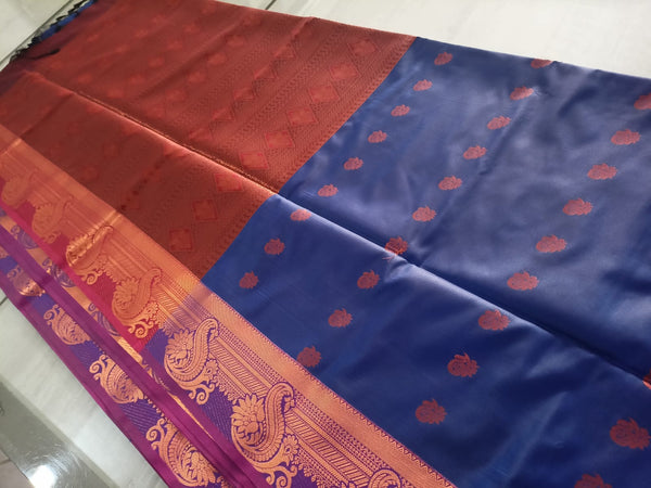 Navy Blue Silk Saree with Maroon Zari Border