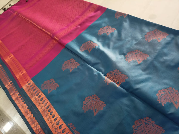 Blue Silk Saree with Tree Motifs and Pink Border