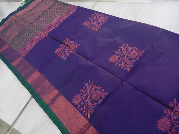 Purple Silk Saree with Floral Motifs and Green Border