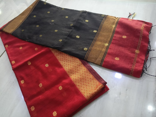 Black Silk Cotton Saree with Red Border and Floral Motifs