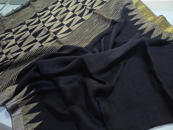 Black Linen Saree with Geometric Patterns