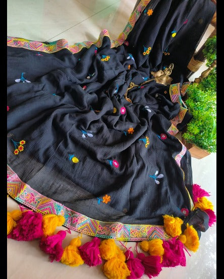 Black Cotton Saree with Mirror and Pompom Work