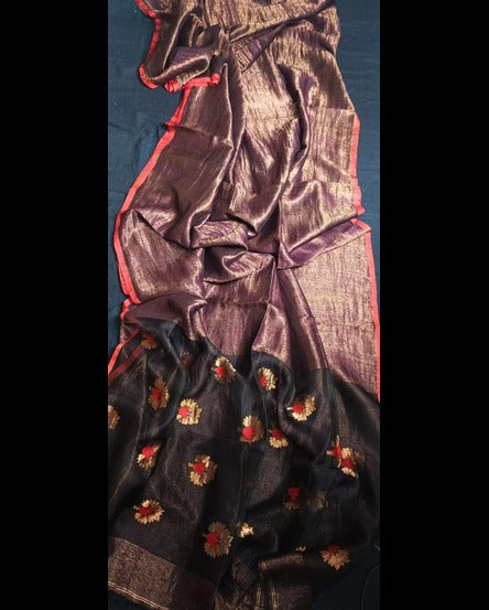 Black Cotton Linen Saree with Golden Motifs