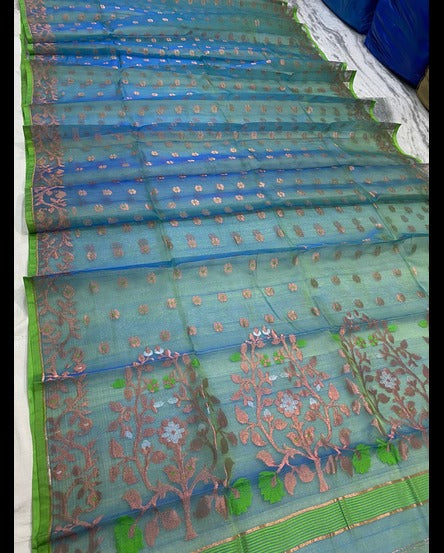 Handwoven Blue Green Jamdani Saree with Floral and Geometric designs