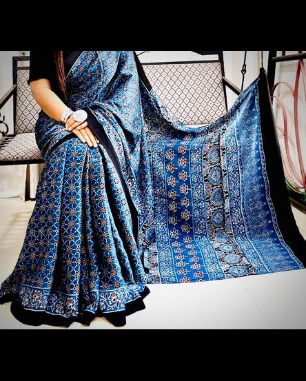 Vibrant Blue Ajrakh Modal Silk Saree