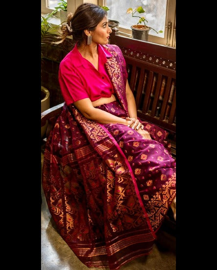 Cotton Jamdani With Zari Weave Saree