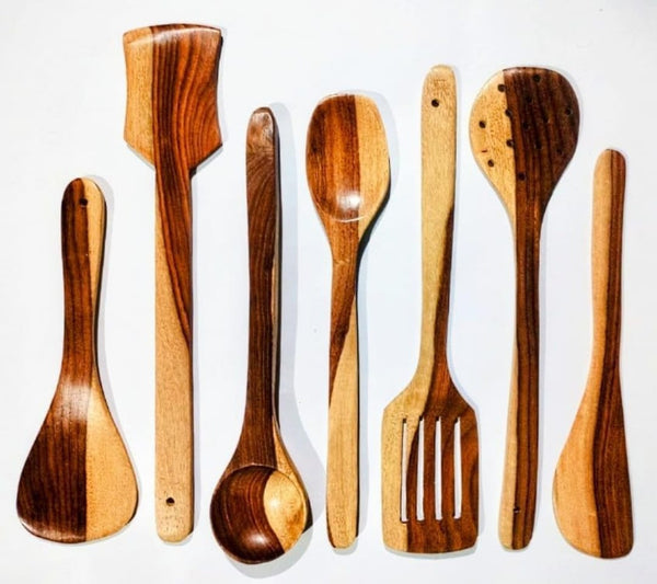 Wooden Serving and Cooking Spoons - Set of 7