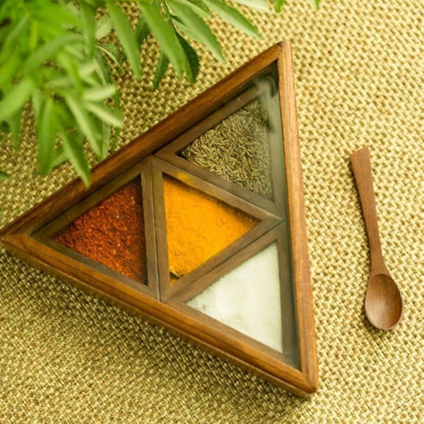 Triangular Wooden Masala Box with Compartments