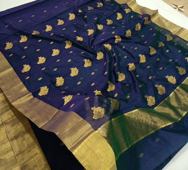 Navy Blue Silk Cotton Saree with Gold Zari Border