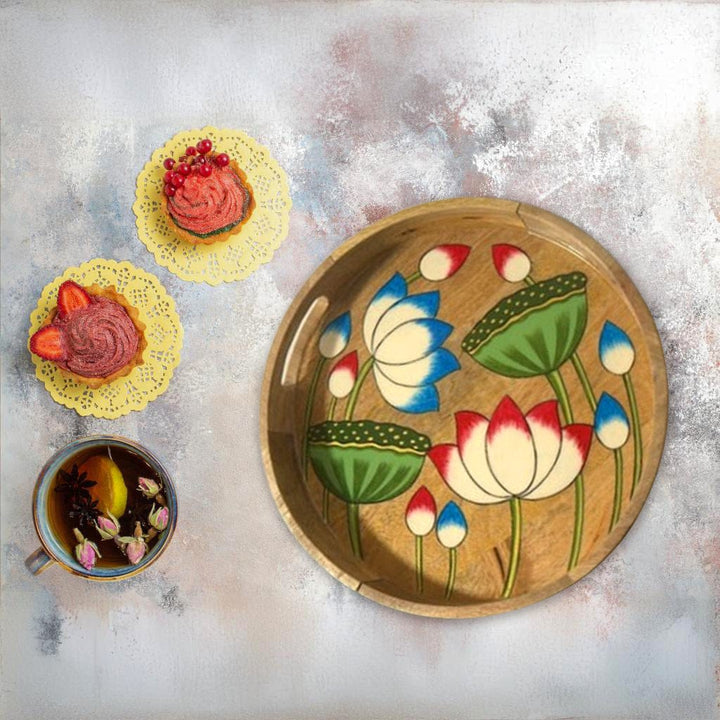 Mango Wood Tray with Lotus Motifs
