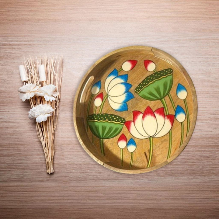 Mango Wood Tray with Lotus Motifs