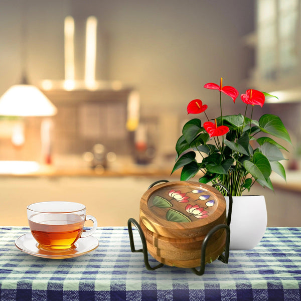 Mango Wood Coasters –  Lotus Motif Set of 4