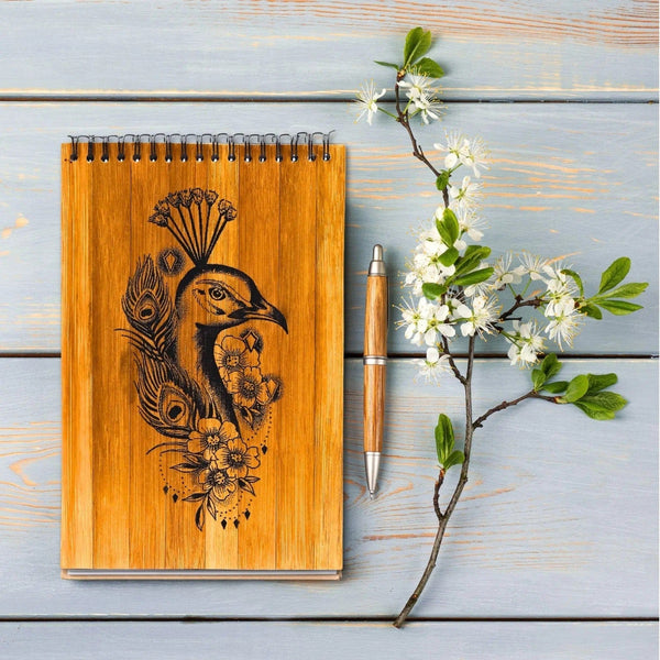 Handmade Bamboo Notepad, Peacock Block Print