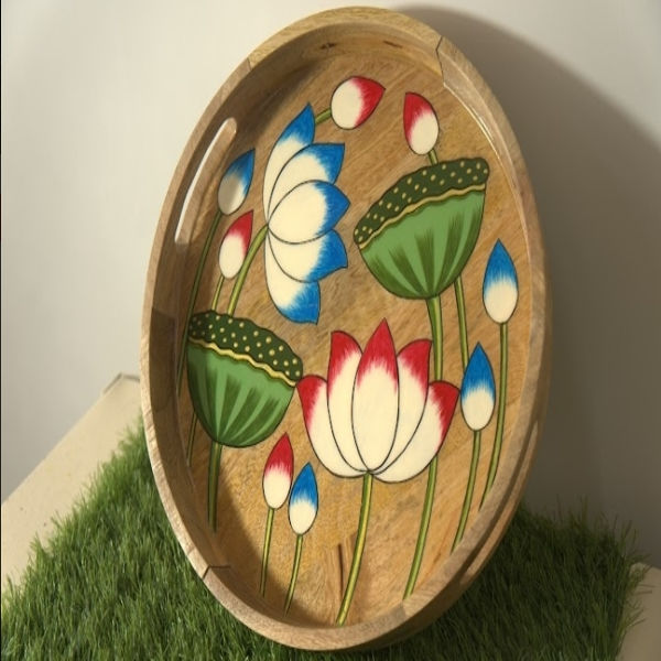 Mango Wood Tray with Lotus Design