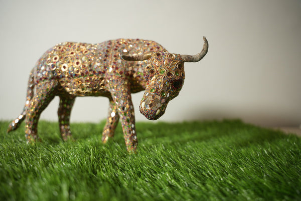 Lac Cow Dung Cow Bull Artefact with Mirror Work