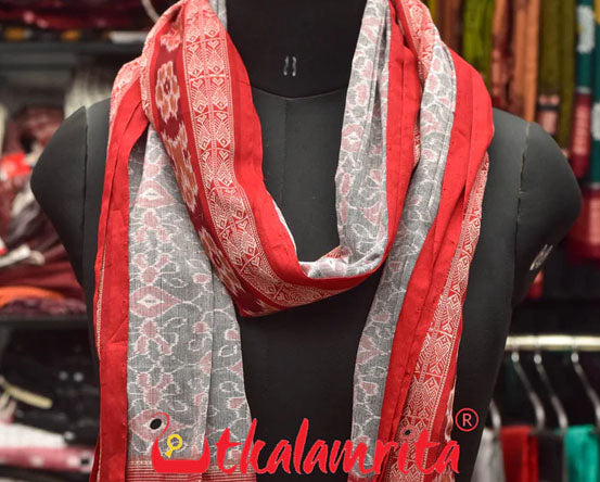 Grey Red Sambalpuri Fish Border Dupatta