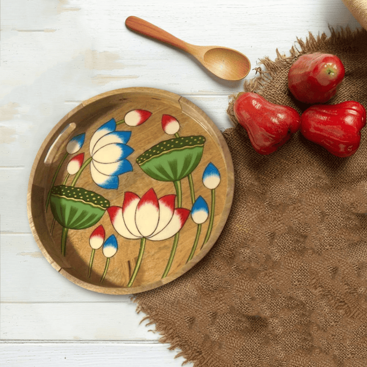 Mango Wood Tray with Lotus Motifs