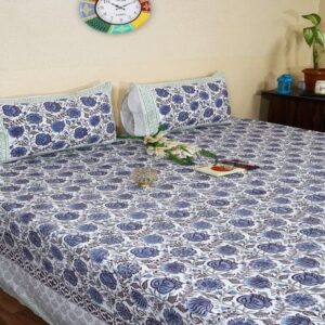 Handmade Blue Blossom Bedsheet with Natural Indigo Dye