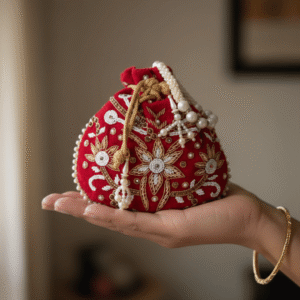 Red Beaded Handmade Embroidery Round Bag