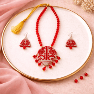 Handmade Jewelry - Assamese Traditional Gamusa Red Muga Silk Necklace Set with Earrings