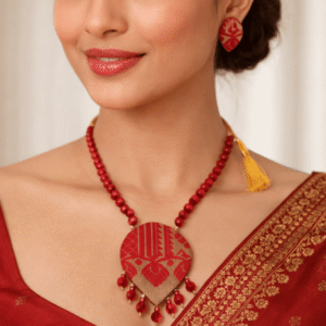 Handmade Jewelry - Gamusa Assamese Traditional Red Muga Silk Necklace Set with Statement Pendant